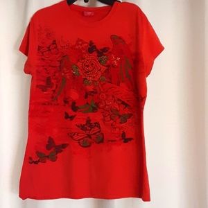 Womans T sz L Design orange and gold cross and butterfly's